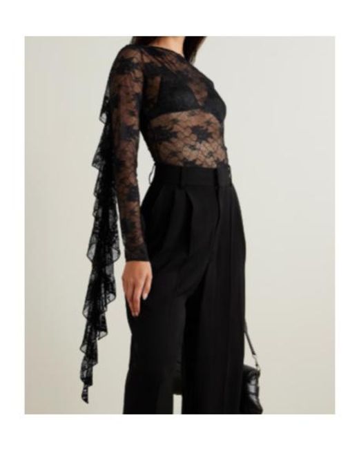 Oseree Black Oséree Attached Scarf Floral Lace Volant Bodysuit
