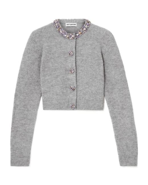 Self-Portrait Gray Crystal-Embellished Ribbed-Knit Cardigan
