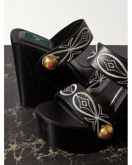 Emilio Pucci Black 150Mm Goccia-Embroidered Wedge Sandals