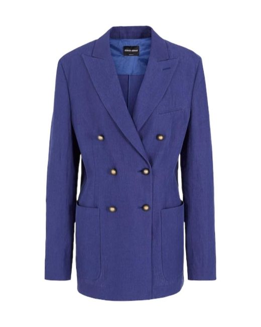 Giorgio Armani Blue Double-Breasted Linen Suit Jacket