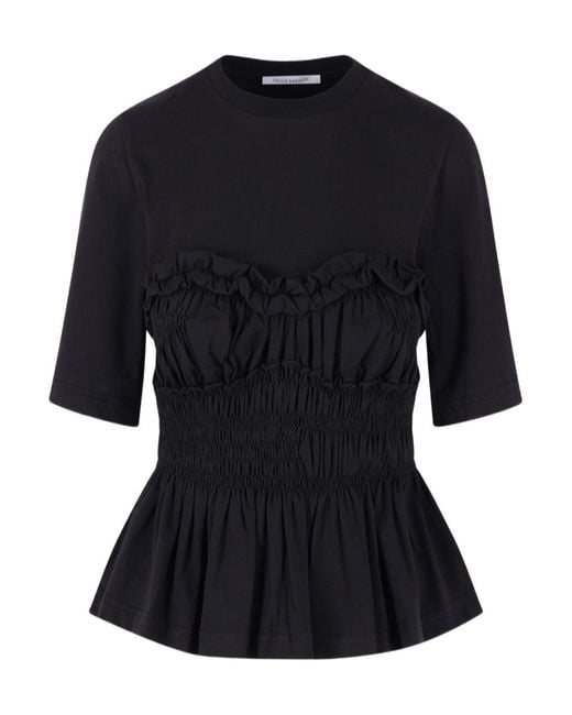 CECILIE BAHNSEN Black Vilde Smocked Peplum T-Shirt
