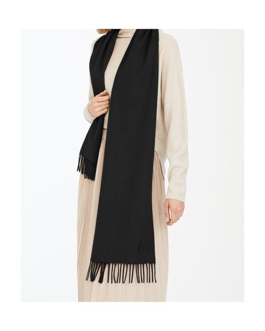 Max Mara Black Wkclara Logo Embroidered Fringed Edge Scarf