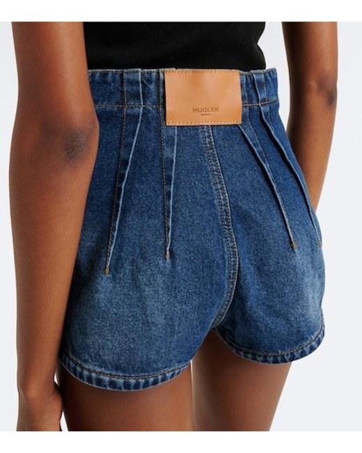 Mugler Blue Pleated Denim Shorts