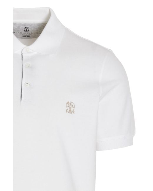 Brunello Cucinelli White Embroidered-Logo Polo Shirt for men