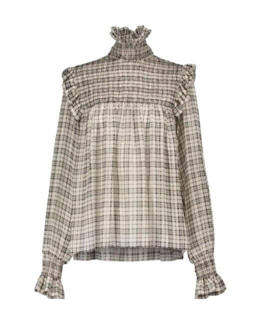 Saint Laurent Brown Check-Pattern Long-Sleeve Blouse