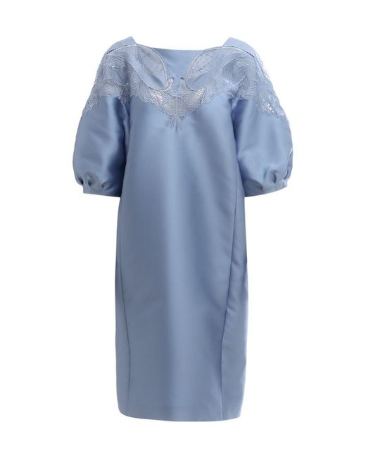 Alberta Ferretti Blue Lace Detail Balloon Sleeved Dress