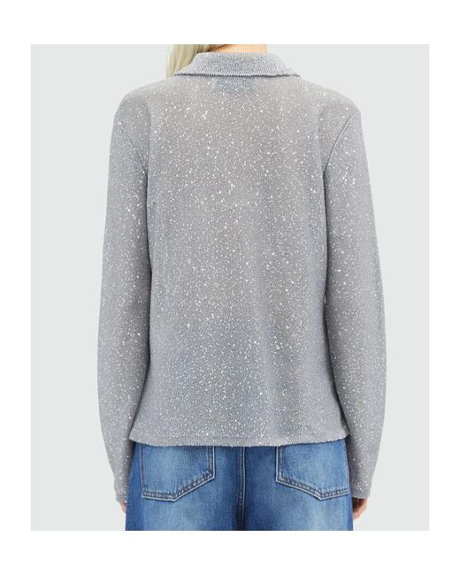 MSGM Gray Long Sleeved Sequin Embellished Knit Polo Top