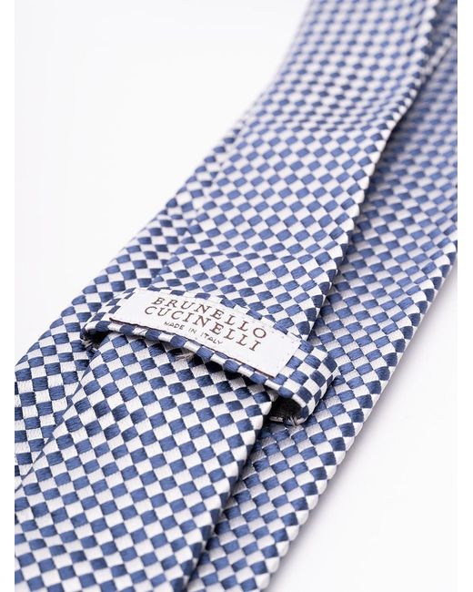 Brunello Cucinelli Blue Checkerboard-Patterned Silk Tie for men