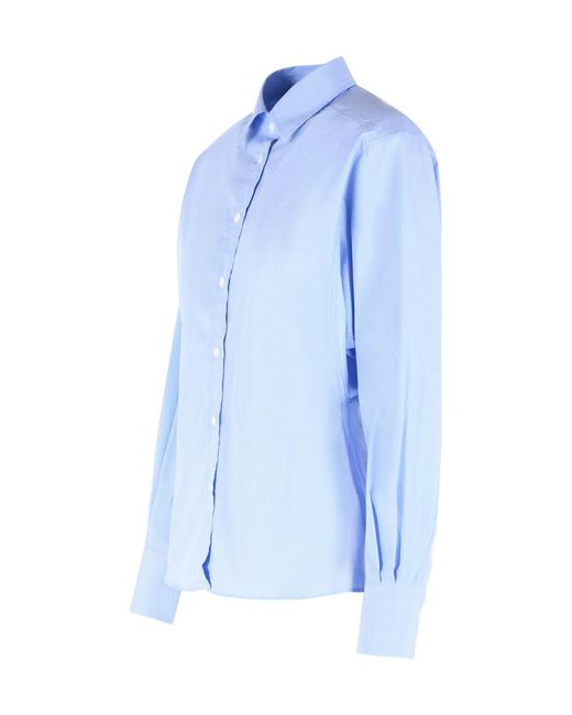 Closed Blue Asymmetric Hem Button-Up Shirt