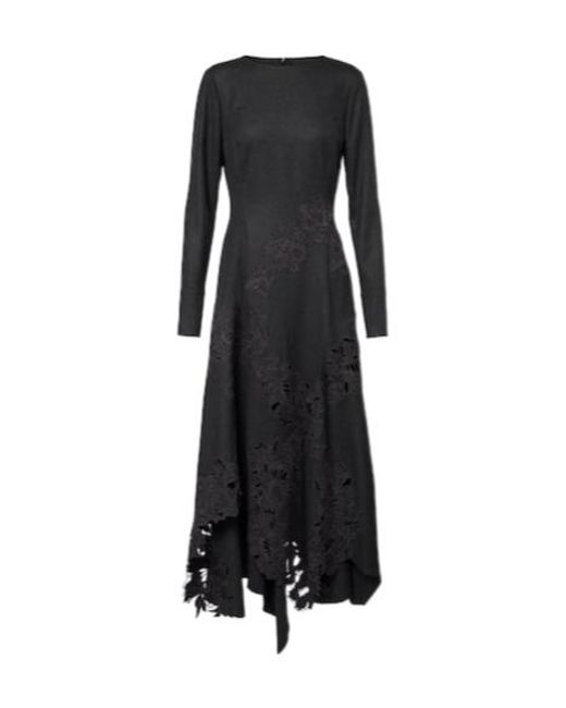 Oscar de la Renta Black Peony Asymmetric Wool Midi Dress