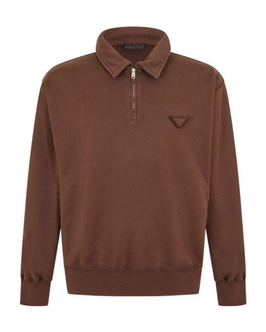 Prada Brown Quarter-Zip Fleece Sweatshirt for men