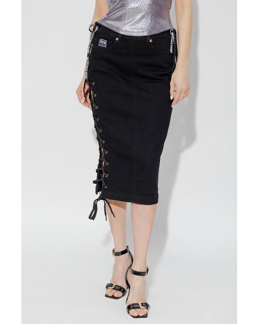 Versace Jeans Black Couture Lace-Up Detailed Midi Denim Skirt