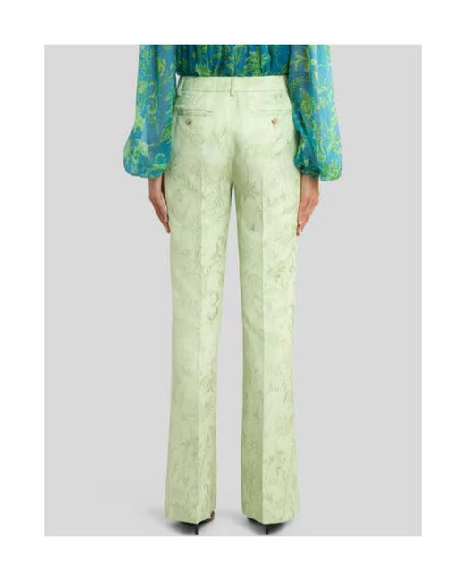 Etro Green Jacquard Bootcut Trousers With Floral Motif
