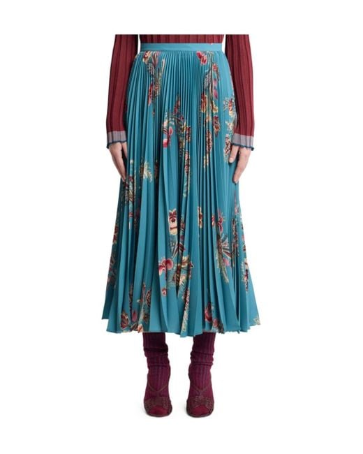 Etro Blue Pleated Floral-Print Midi Skirt