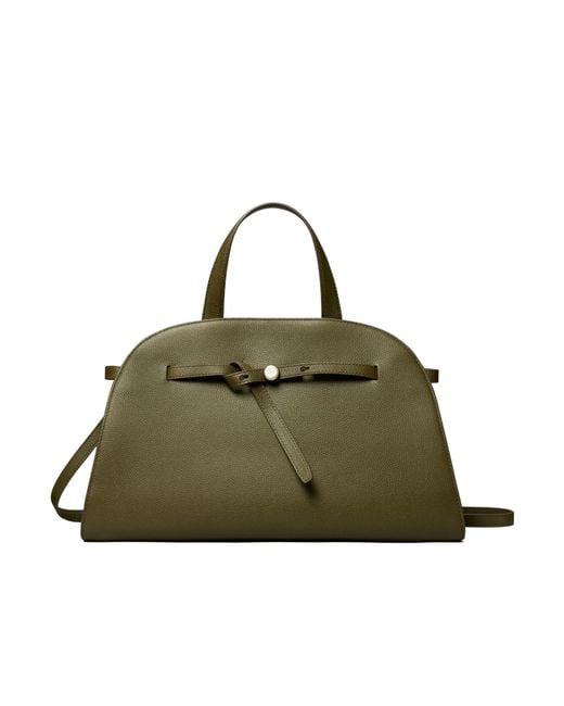 Tory Burch Green Logo-Plaque Leather Tote Bag