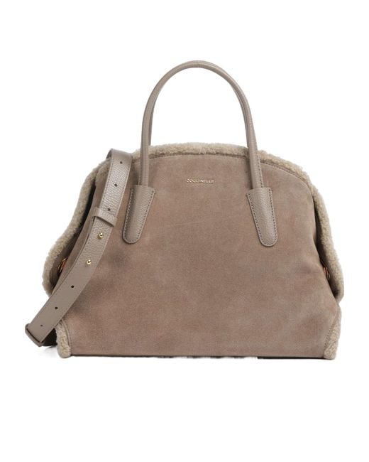 Coccinelle Natural Shearling-Trim Suede Shoulder Bag