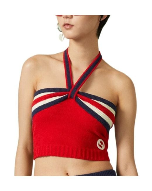 Gucci Red Halterneck Knitted Cropped Top