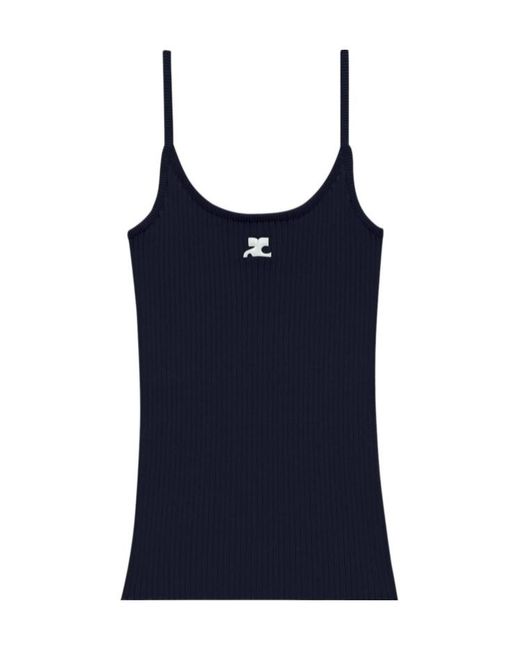 Courreges Blue Courrèges Logo Embroidered Ribbed Sleeveless Top