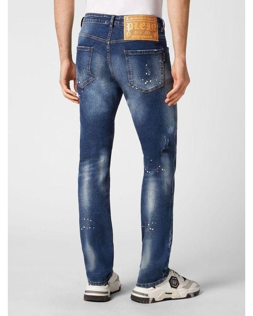 Philipp Plein Blue Paint Effect Straight Denim Trousers for men
