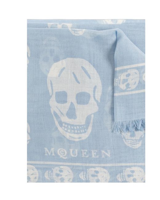 McQueen Blue Classic Skull Printed Frayed-Edeg Scarf for men