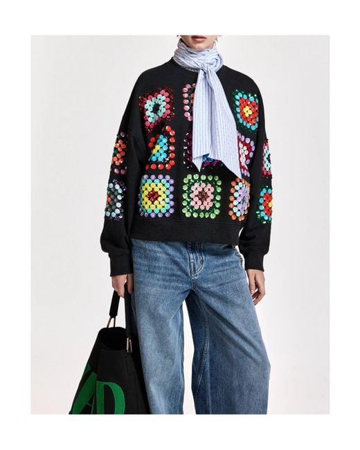 Essentiel Antwerp Black Sweatshirt With Geometric Floral Pattern