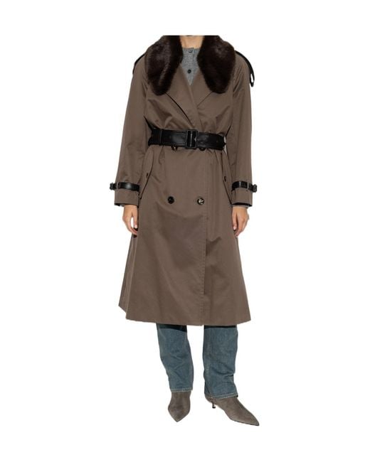Burberry Brown Long Cotton Trench Coat With Buffalo Leather Collar
