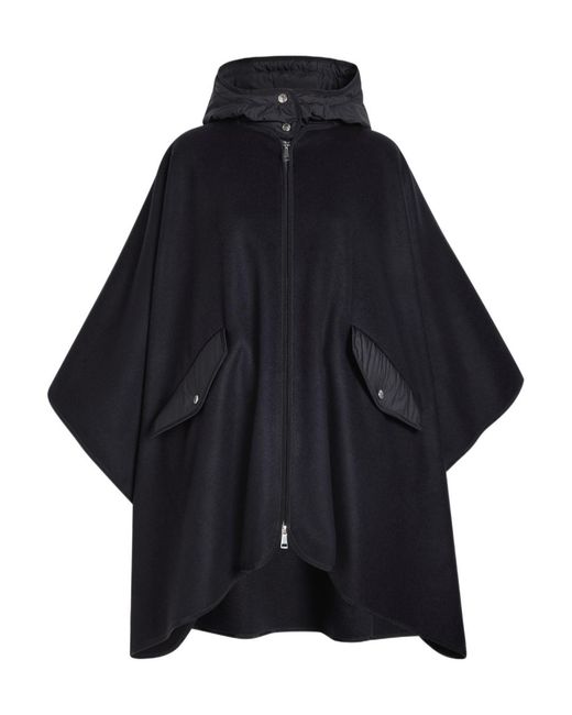Moncler Blue Hooded Shell And Wool-Blend Cape Coat