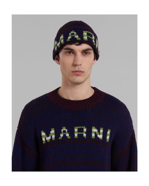 Marni Blue Mouliné Beanie With Striped Logo for men