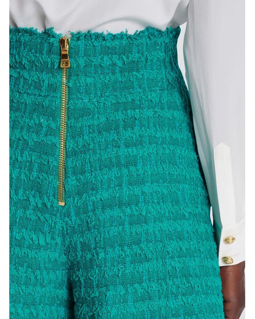 Balmain Green Buttoned Tweed Shorts