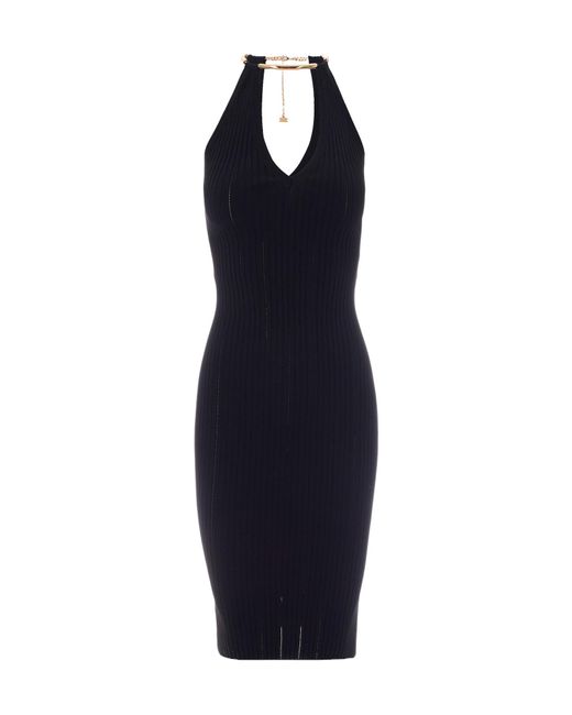 Elisabetta Franchi Blue Openwork Knit Necklace-Detail Dress