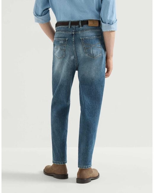 Brunello Cucinelli Blue Comfort Cotton Denim Iconic-Fit Five-Pocket Trousers With Double Pleats And Rips for men