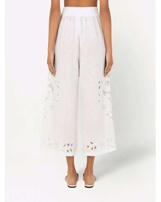 Dolce & Gabbana White Embroidered Wide Leg Poplin Pants