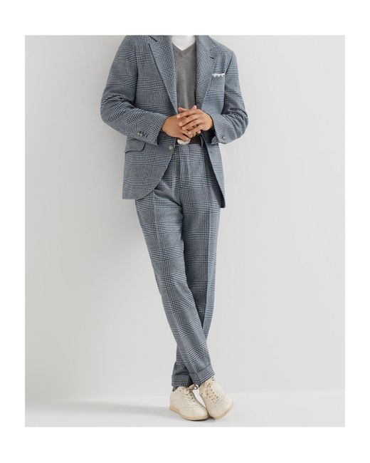 Brunello Cucinelli Blue Comfort Wool And Cashmere Prince Of Wales Flannel Trousers With Pleat for men