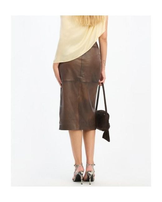ROTATE BIRGER CHRISTENSEN Brown Front-Slit Leather Pencil Skirt