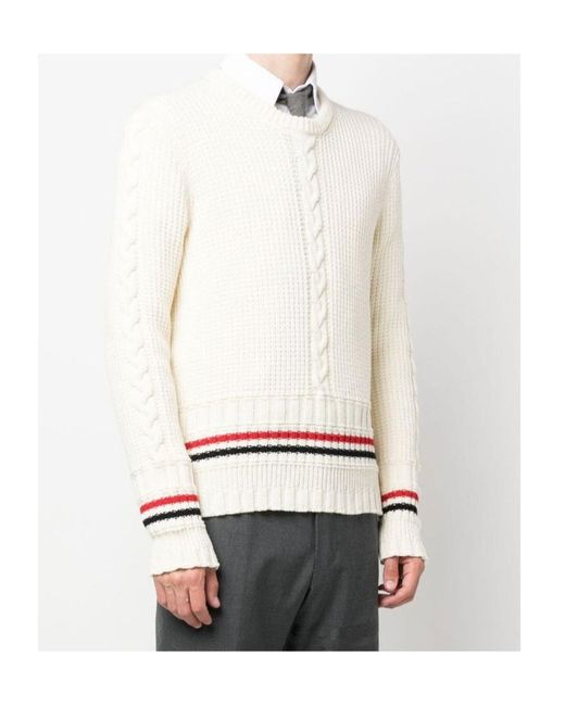 Thom Browne White Rwb-Stripe Cable Knit Jumper for men