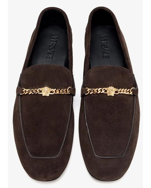 Versace Brown Logo Plaque Chain-Detailed Loafers for men