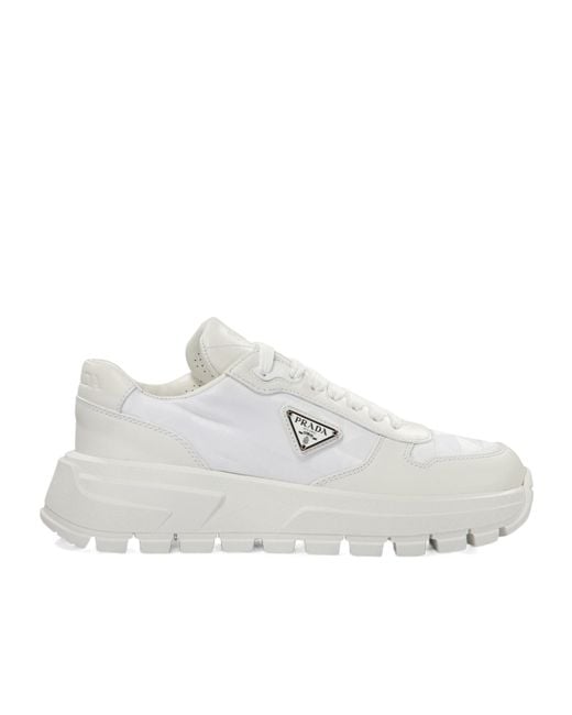 Prada White Triangle-Logo Round-Toe Lace-Up Sneakers