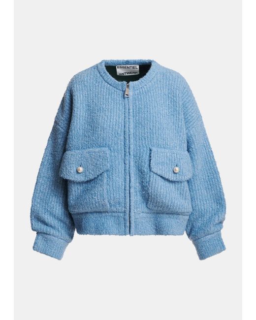 Essentiel Antwerp Blue Faux-Fur Collar Ribbed-Knit Jacket