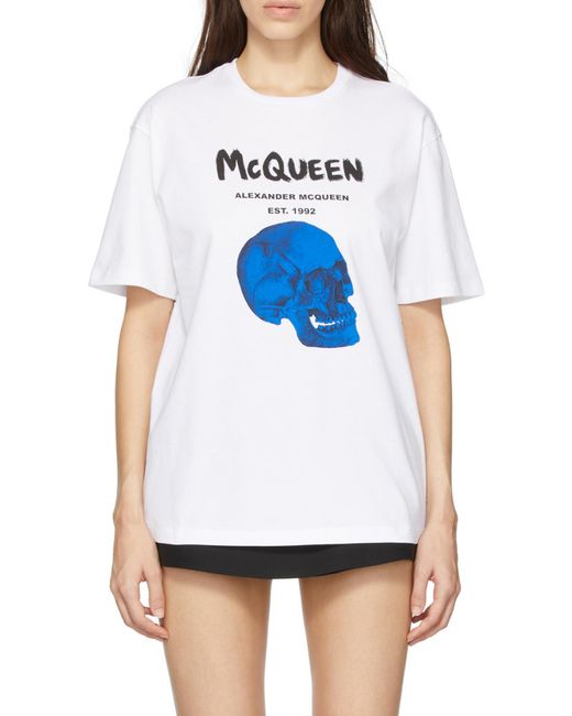 McQueen Blue Skull-Print Logo T-Shirt