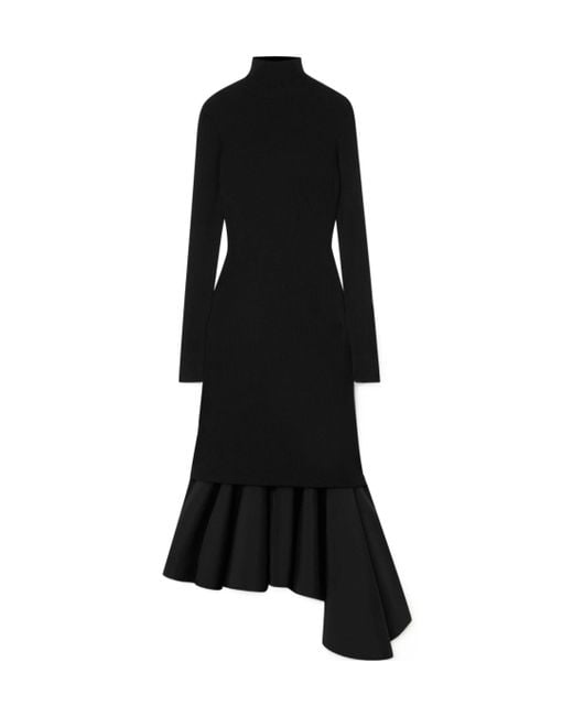 Bottega Veneta Black Asymmetric Satin-Trimmed Ribbed-Knit Turtleneck Midi Dress