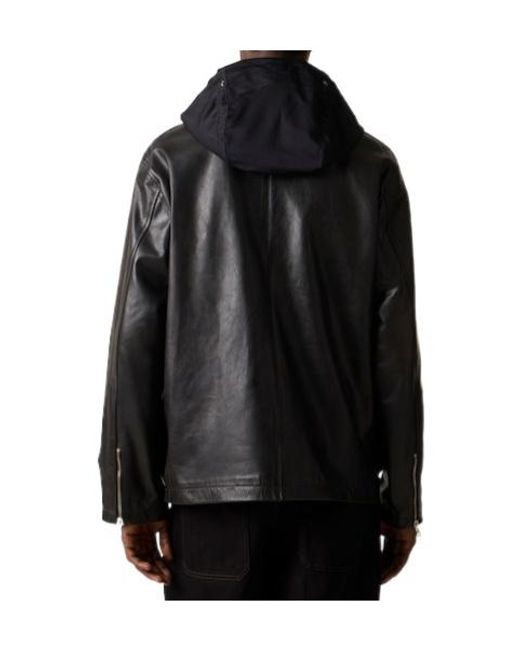 C P Company Black Solid Color Leather Jacket for men
