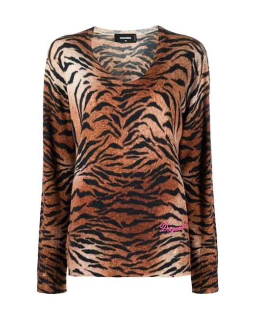 DSquared² Brown V-Neck Leopard Print Jumper