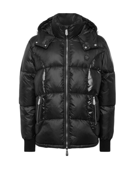 Philipp Plein Black Logo Patch Hooded Quilted Jacket for men