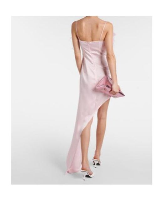 David Koma Pink Feather-Trimmed Satin Midi Dress