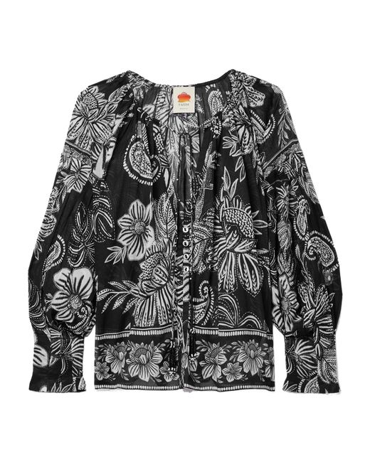 Farm Rio Gray Tie-Detailed Bead-Embellished Printed Cotton-Voile Blouse