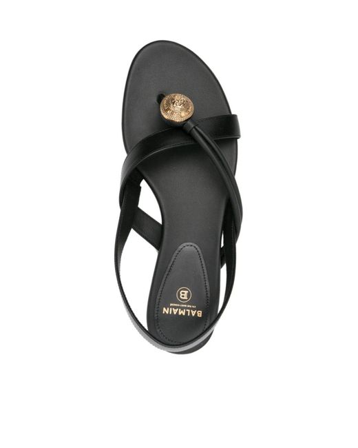 Balmain Black Embossed Button Thong Strapped Sandals