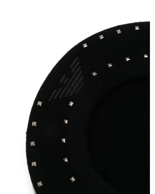 Emporio Armani White Studded Logo-Embroidered Beret