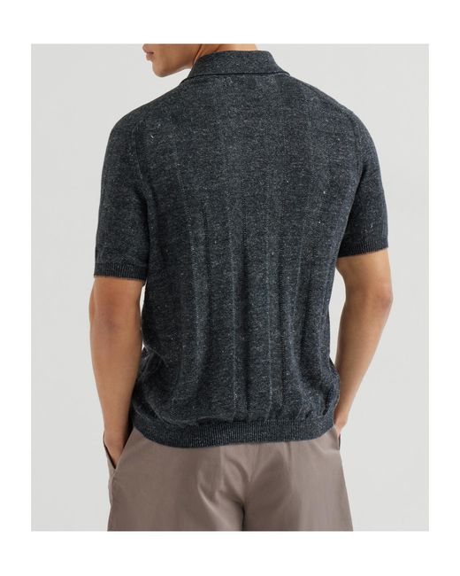 Brunello Cucinelli Black Linen And Cotton Textured Rib Short Sleeve Knit Shirt for men