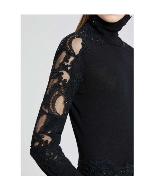 Ermanno Scervino Black Long-Sleeved Virgin Wool Turtleneck Sweater With Lace And Crystals