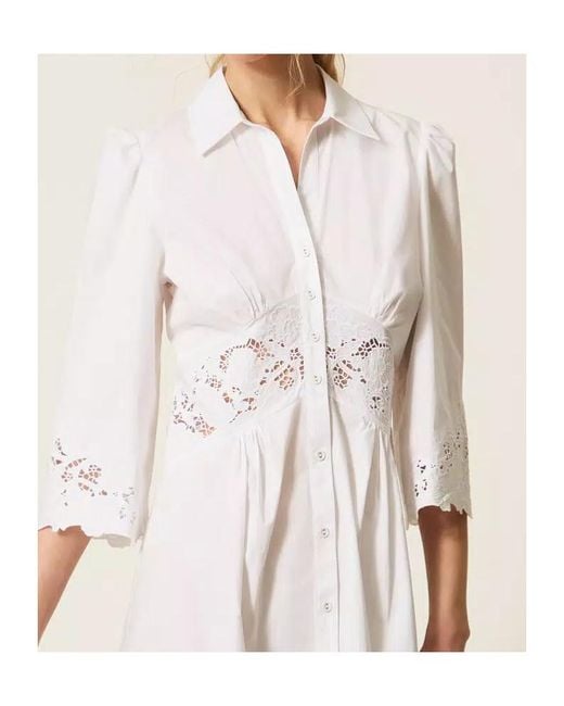 Twinset White Lace-Detail Midi Shirt Dress